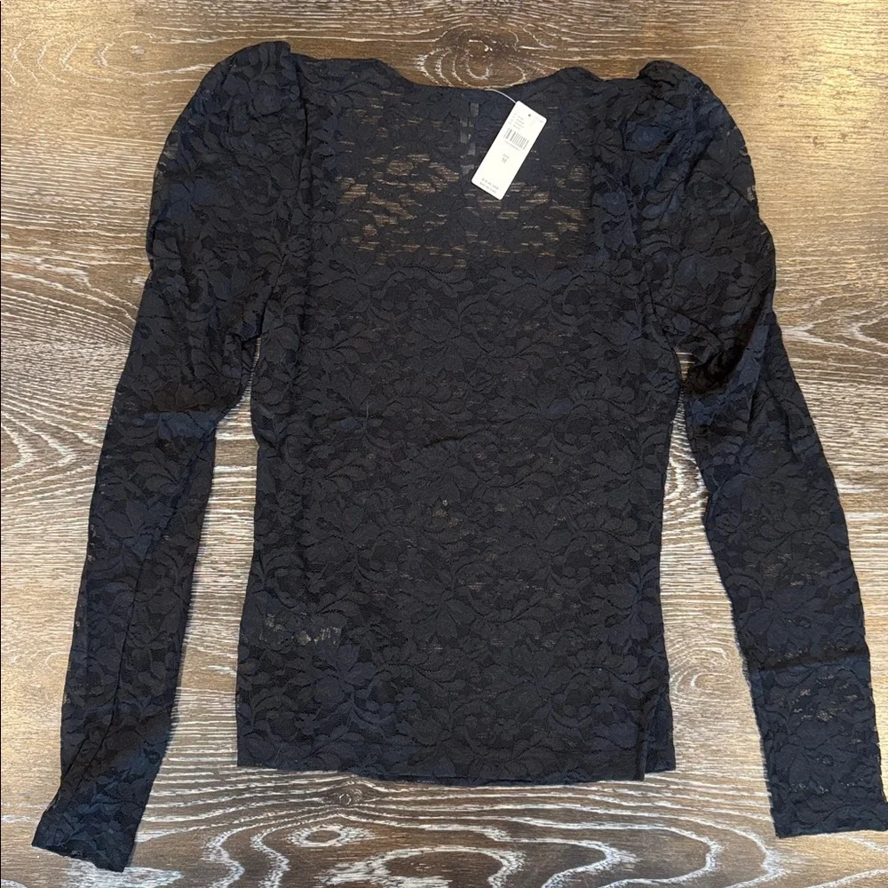 NWT Anthropologie Puff-Sleeve Sheer Lace Top Size M Long Sleeve Body Con Black